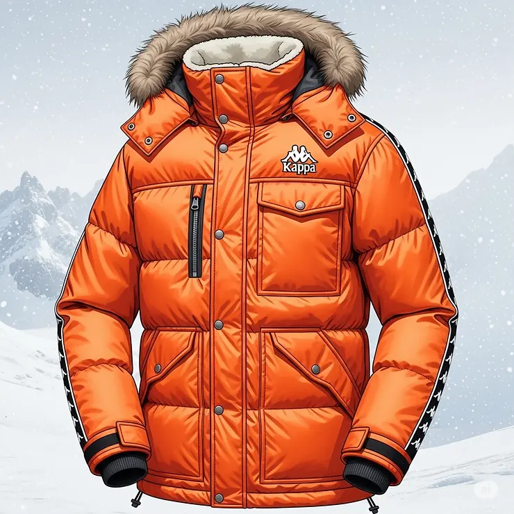 An illustration of an insulated Kappa jacket designed for winter, emphasizing its warmth and protective features against cold weather, suitable for outdoor wear.