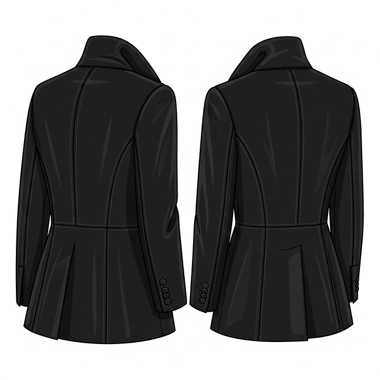 Illustration showcasing the elegant cut and silhouette of the back view of a ladies black reefer jacket.