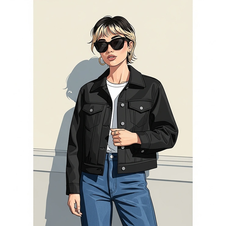 Illustration of a woman wearing a ladies black reefer jacket casually with jeans, highlighting versatile styling.