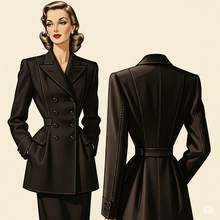 Illustration focusing on the double-breasted design of a stylish ladies black reefer jacket.