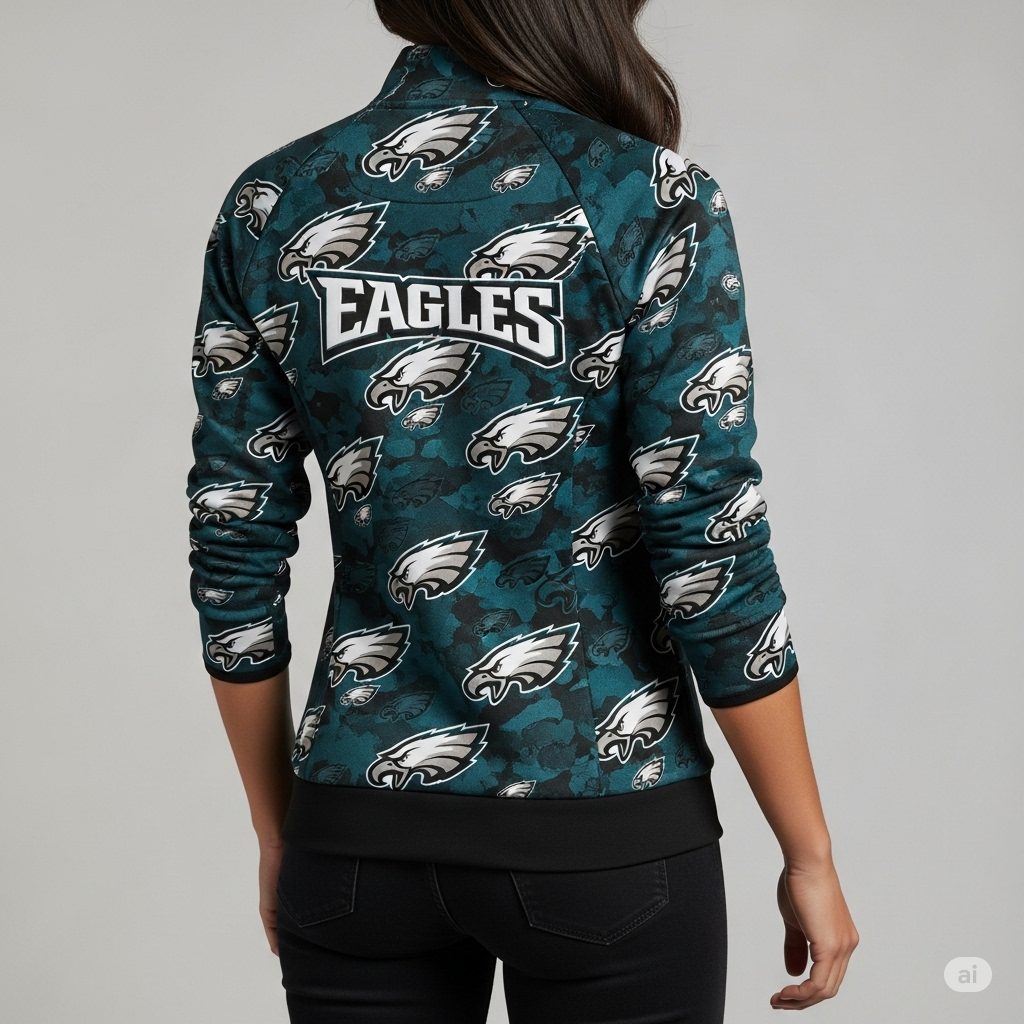 Back view of a women's Eagles jacket, highlighting the unique design and comfortable fit, ideal for female fans.