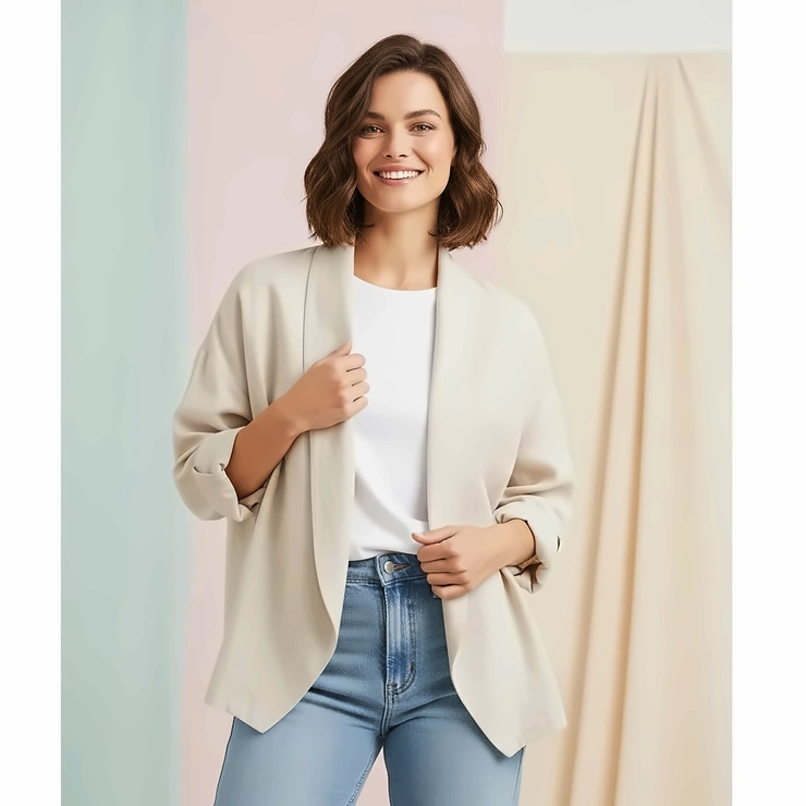 A model demonstrating a relaxed, casual look with a loose-fitting ladies linen jacket, ideal for everyday wear.