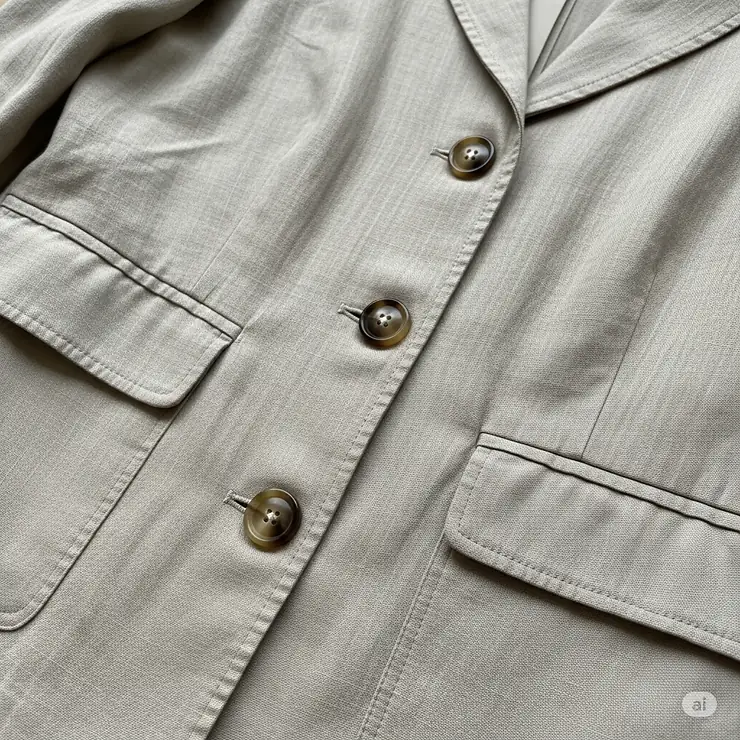 Detailed view of the elegant buttons and functional pockets on a well-designed ladies linen jacket.