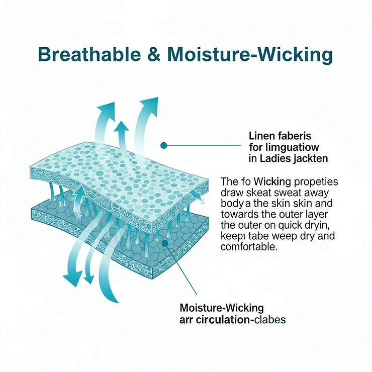 An infographic or diagram illustrating the breathable and moisture-wicking properties of the linen fabric used in ladies jackets.