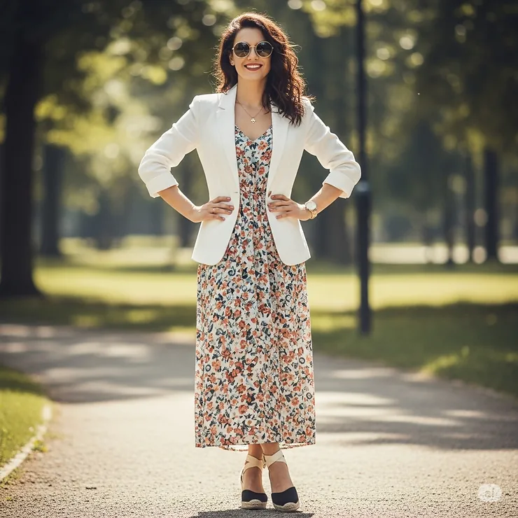 A stylish woman confidently wearing a tailored white linen jacket paired with a casual summer outfit, perfect for warm weather. ladies linen jackets