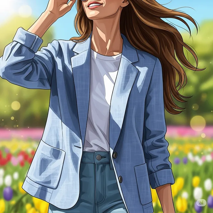 A vibrant illustration of a ladies linen jacket being worn in a sunny outdoor setting, representing its suitability for spring and summer.