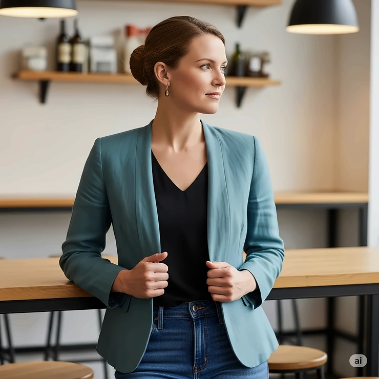 A professional wearing a structured ladies linen jacket, illustrating how it can be incorporated into business casual work attire.