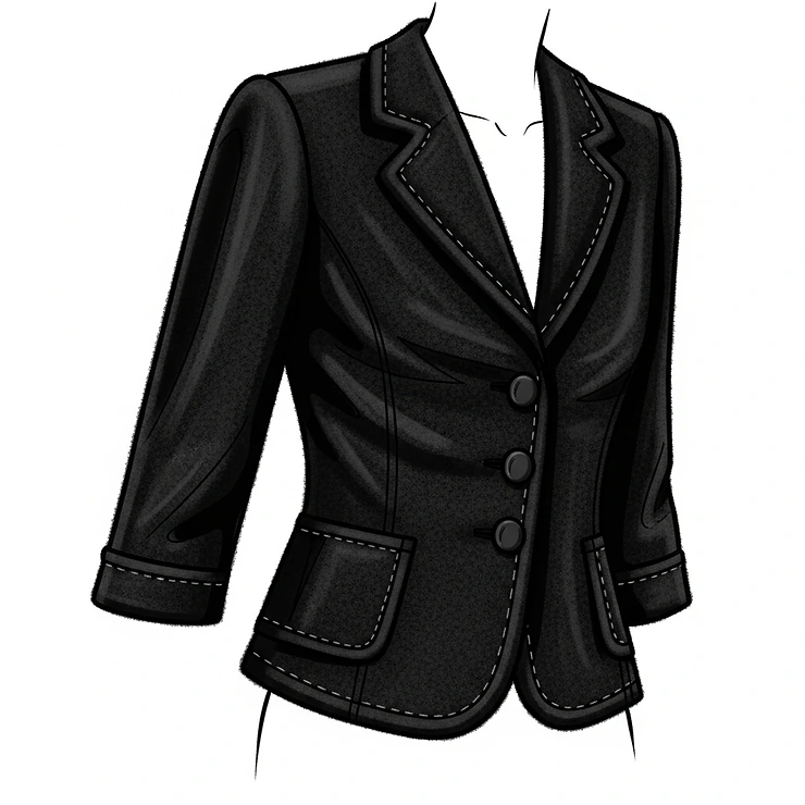 Texture illustration highlighting the luxurious wool fabric of a ladies black reefer jacket.