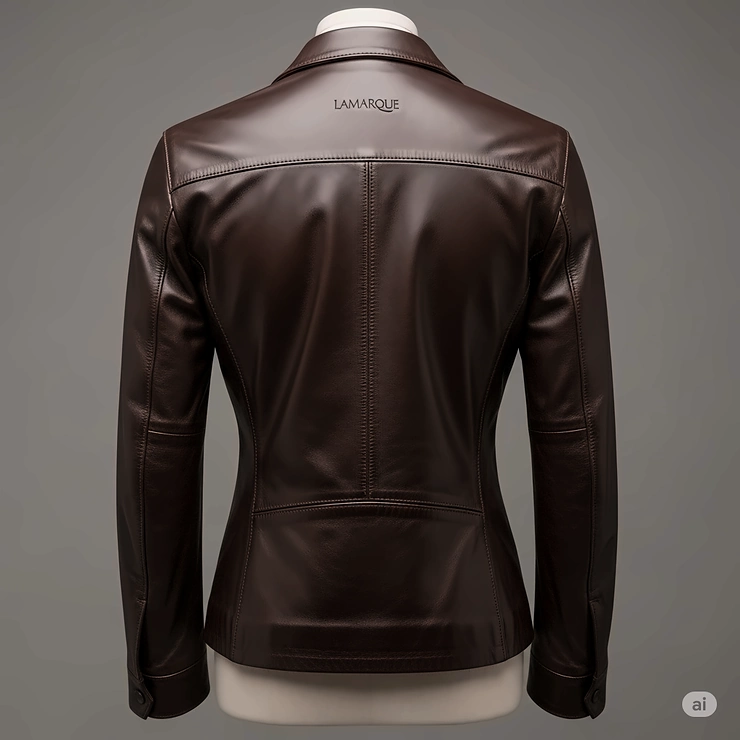 Rear view of a Lamarque leather jacket, showcasing its sleek silhouette and flattering cut from behind.