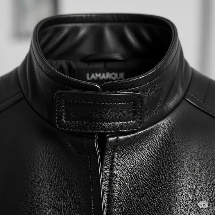 Detail shot of the sophisticated collar design on a Lamarque leather jacket, emphasizing its tailored fit.