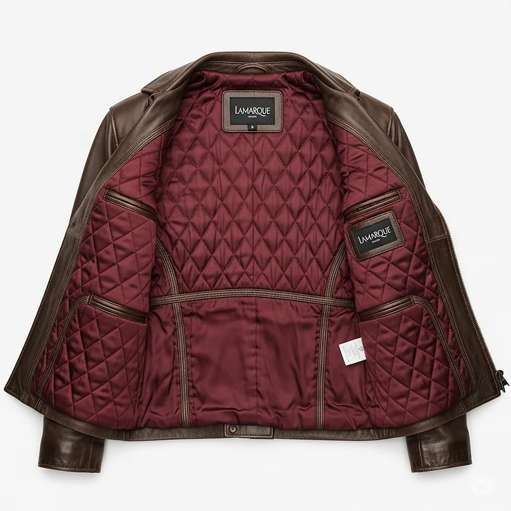 Inside view of a Lamarque leather jacket, revealing the comfortable and finely stitched internal lining.