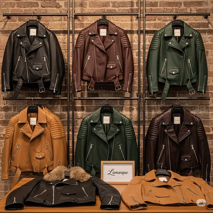 A curated collection of Lamarque leather jackets in various colors and styles, offering diverse options for any wardrobe.