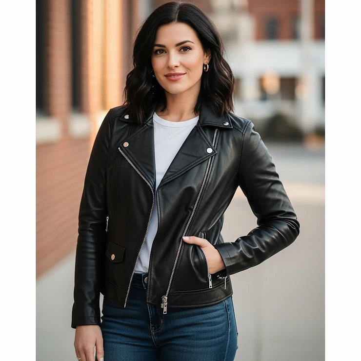 A stylish woman confidently wearing a classic black Lamarque leather jacket, showcasing its premium quality and versatile design.