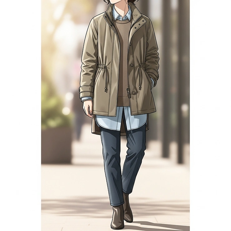 An illustration of a cinch jacket worn as part of a chic layered outfit, demonstrating its adaptability for transitional weather and versatile styling.