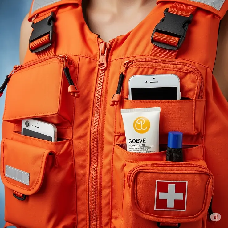 Close-up detail of a womens life jacket, highlighting secure zippers, adjustable buckles, and convenient pockets for essentials.