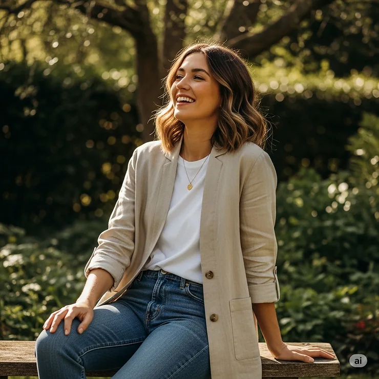 Woman enjoying a relaxed weekend, effortlessly styling a lightweight linen jacket with jeans and a t-shirt.