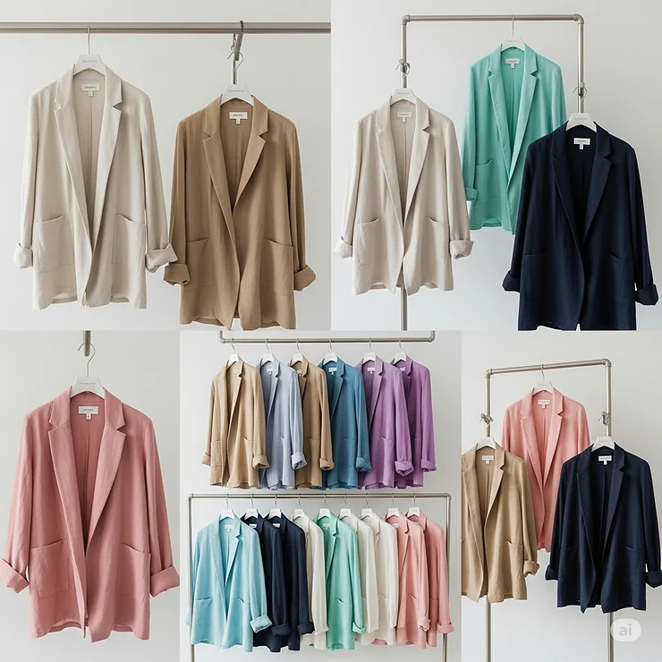 Collection of linen jackets for women displayed in a range of popular colors like natural, beige, navy, and pastels.