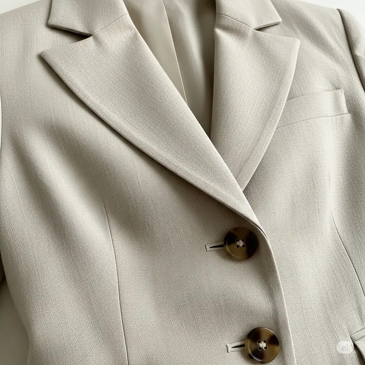 Detailed view of the elegant buttons and classic lapel design on a well-crafted linen jacket for women.