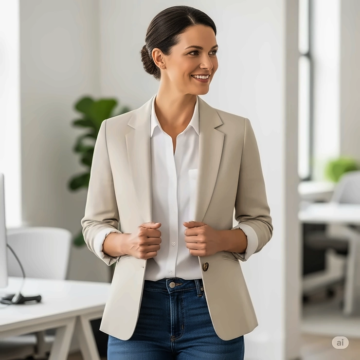 Professional woman wearing a tailored linen jacket over business casual attire, suitable for office wear.