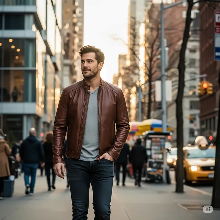 A man casually strolling in an urban setting, sporting a well-fitted brown Lamarque leather jacket, ideal for everyday wear.