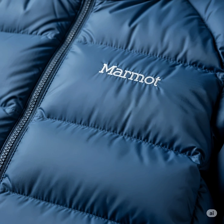 Close-up view of the high-quality down baffling on a Marmot down jacket, highlighting superior insulation for extreme cold.