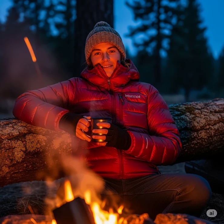 Someone comfortably wearing a Marmot down jacket while relaxing by a campfire, emphasizing its warmth and suitability for chilly evenings.