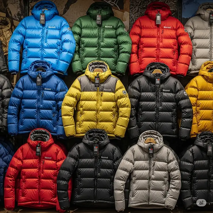 Array of Marmot down jackets displayed in various colors, offering diverse style choices for outdoor enthusiasts.
