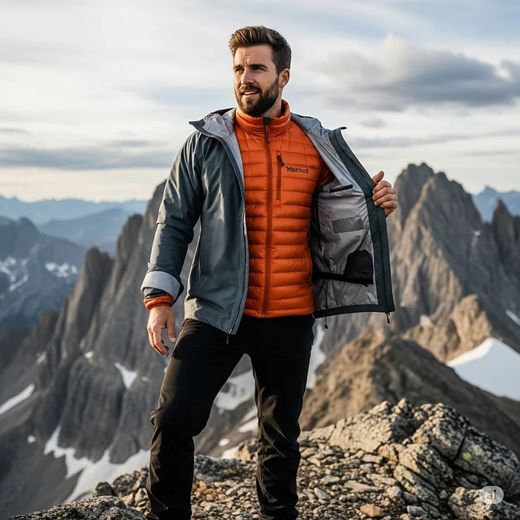 An outdoor enthusiast layering a Marmot down jacket under a waterproof shell, illustrating its versatility as a mid-layer for diverse weather conditions.