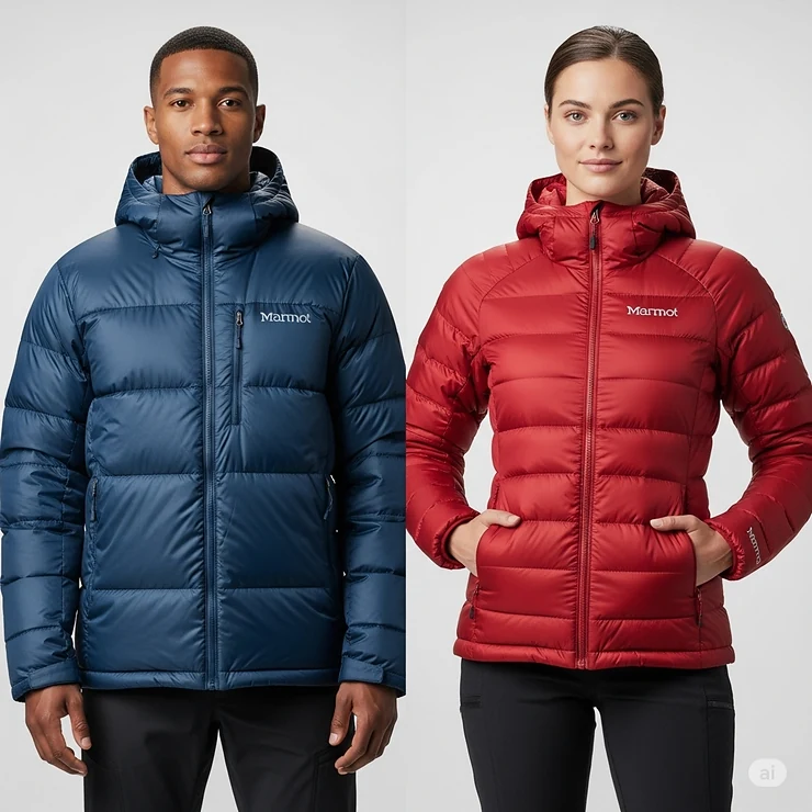 Side-by-side comparison of men's and women's Marmot down jackets, highlighting tailored fits designed for optimal comfort and performance.