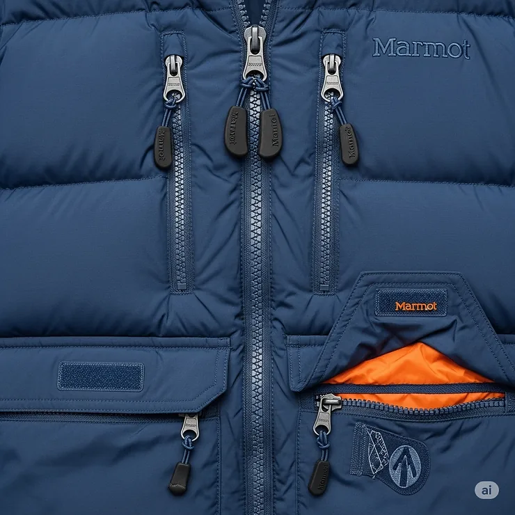 Detailed view of the durable zippers and spacious pockets on a Marmot down jacket, showcasing functional design for outdoor adventures.