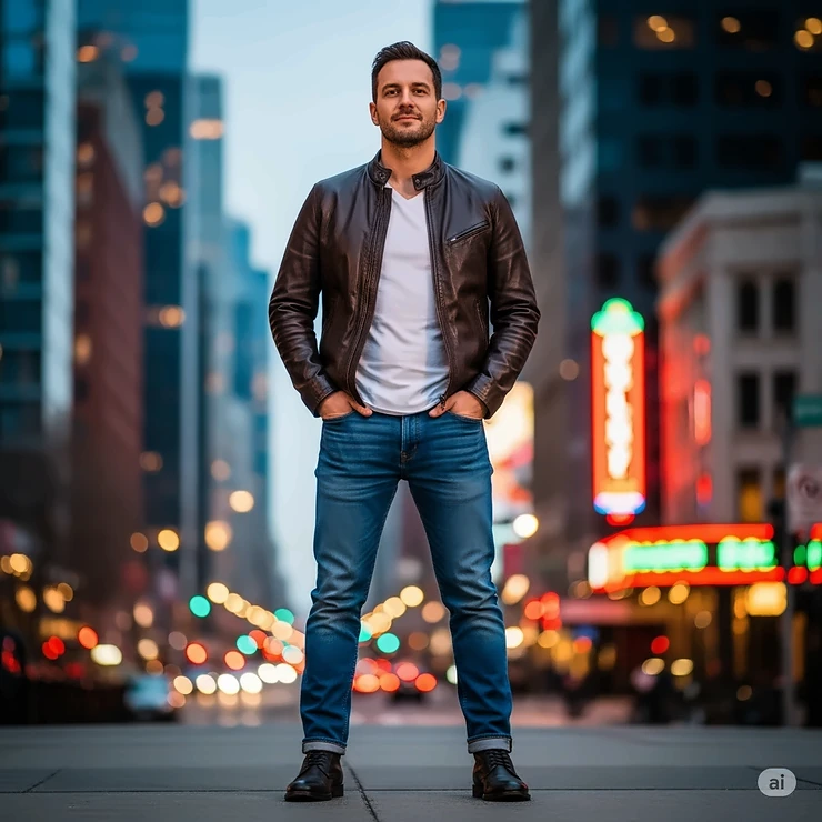 A man wearing a stylish, dark brown leather blouson jacket over a white t-shirt, paired with jeans, standing against an urban backdrop.