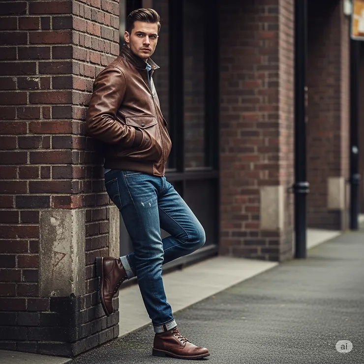 Male model wearing a stylish vintage bomber jacket paired with jeans and boots, demonstrating a casual yet fashionable look.