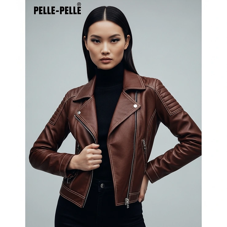 Stylish model confidently wearing a Pelle Pelle jacket, showcasing its fit and timeless appeal, a truly world-famous piece.