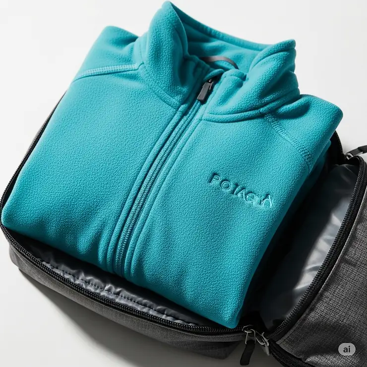Lightweight womens microfleece jacket neatly folded and packed into a small bag, demonstrating its excellent packability for travel.