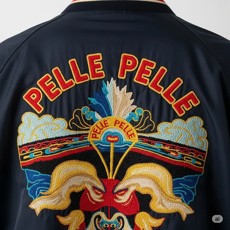 Intricate embroidered design on the back of a vintage Pelle Pelle jacket, a hallmark of this world-famous brand's artistry.