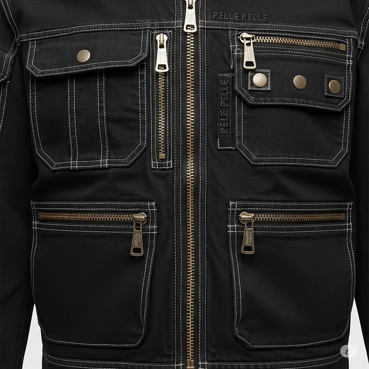 Detailed view of the durable zippers and functional pockets on a Pelle Pelle jacket, contributing to its renowned quality and world-famous status.