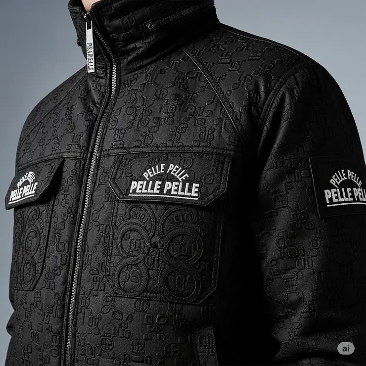 Close-up of a Pelle Pelle jacket featuring prominent logo embellishments, instantly recognizable as part of the world-famous collection.