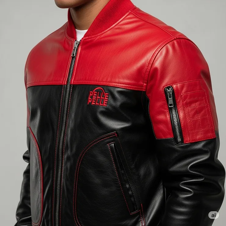 A iconic red and black Pelle Pelle jacket, a world-famous symbol of hip-hop fashion and urban style.