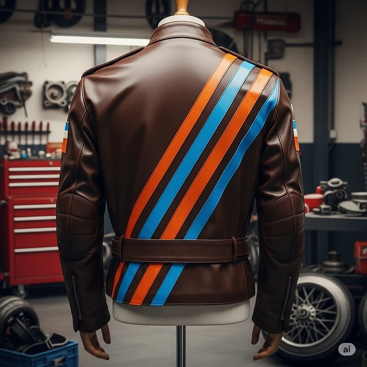 Back view of a unique racing vintage jacket with bold racing stripes, showcasing its distinctive design and iconic silhouette.