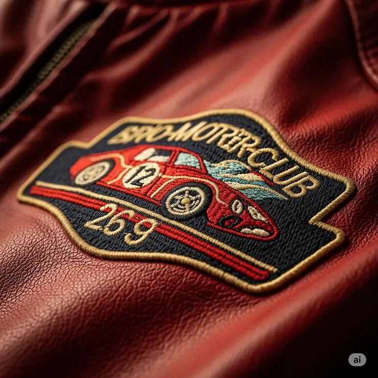 Close-up of an embroidered patch on a red racing vintage jacket, showcasing the intricate stitching and authentic branding.