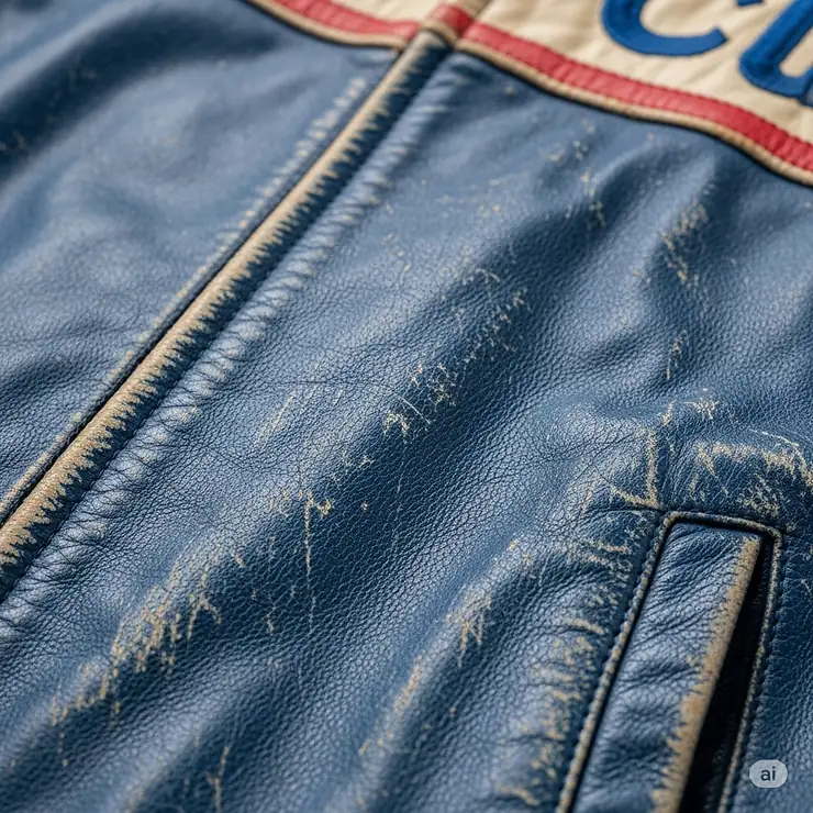 Texture shot of the distressed leather on a blue racing vintage jacket, highlighting the authentic wear and aged character of the material.