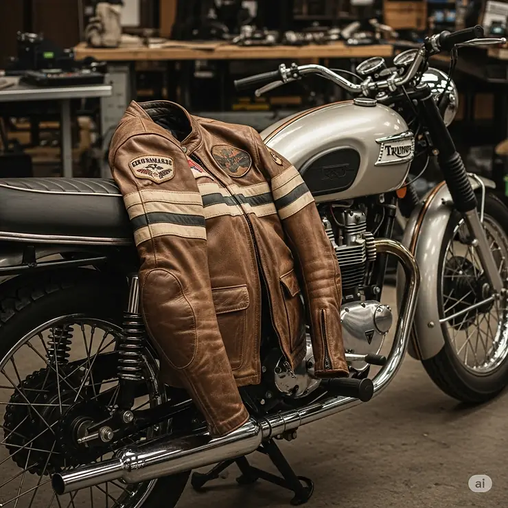 A racing vintage jacket draped over the seat of a classic motorcycle, creating an evocative scene that links the jacket to its heritage.