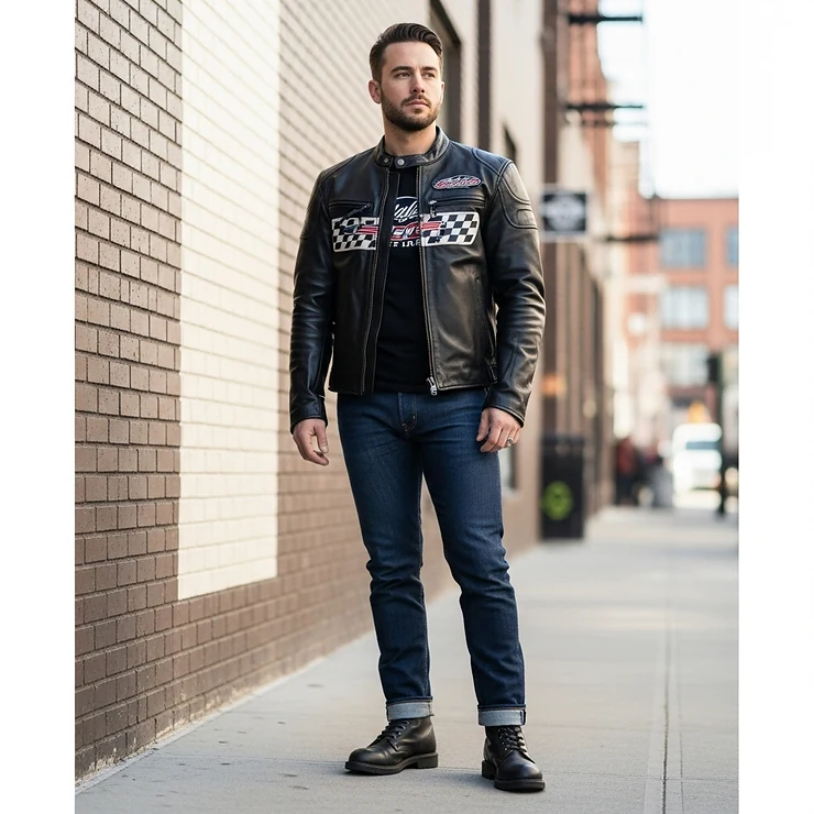 A person confidently wearing a black racing vintage jacket, paired with jeans and boots, highlighting its stylish fit and versatile appeal.