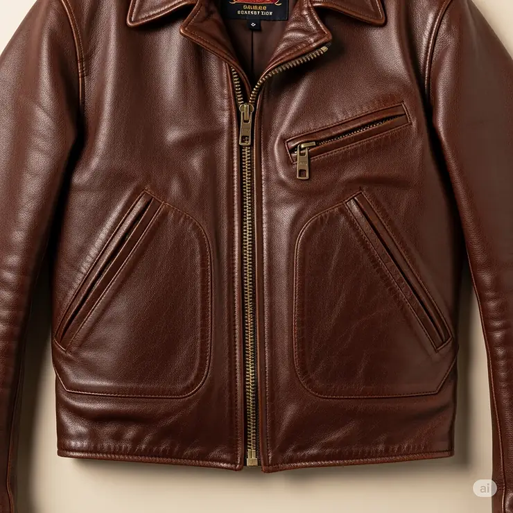 Detailed shot of a sturdy brass zipper and functional pockets on a well-preserved racing vintage jacket, emphasizing its quality craftsmanship.