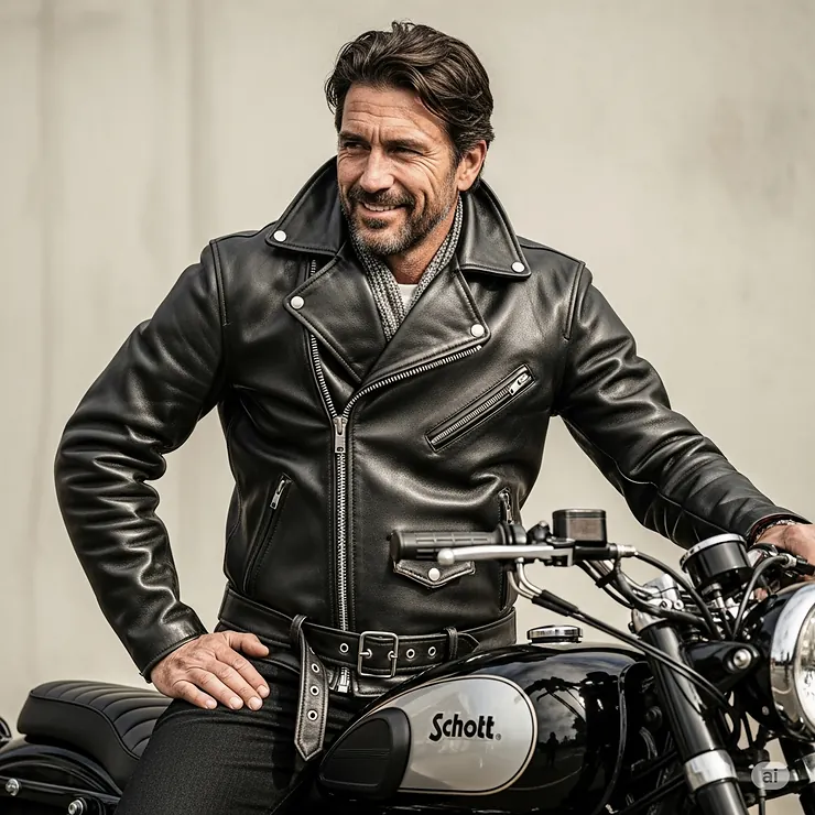 A motorcyclist confidently sporting a rugged Schott biker jacket, embodying the brand's heritage and durability.