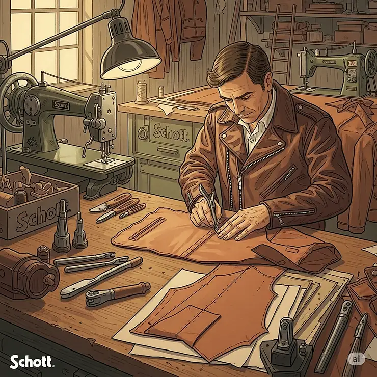 An illustrative depiction of the meticulous craftsmanship involved in producing Schott's iconic leather jackets, highlighting attention to detail.