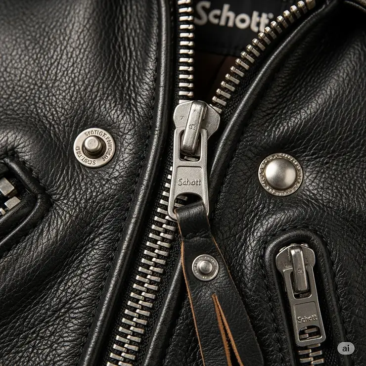 Detailed view of the high-quality, heavy-duty zippers and hardware typically found on Schott's leather jackets.
