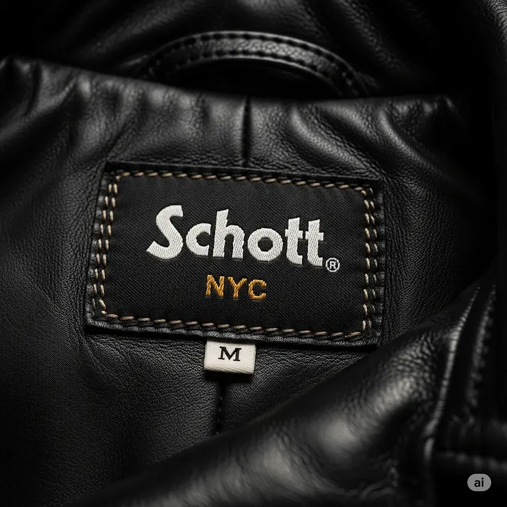 Close-up of the genuine Schott NYC label stitched inside a leather jacket, confirming its authenticity and heritage.