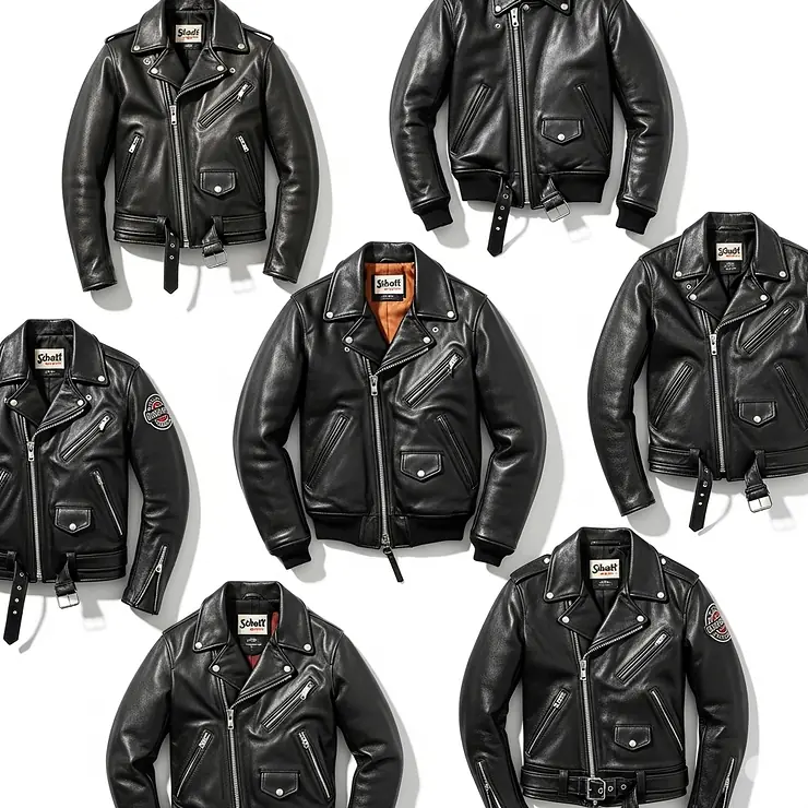 A collection of various Schott leather jacket styles, including Perfecto, bomber, and cafe racer, illustrating design diversity.