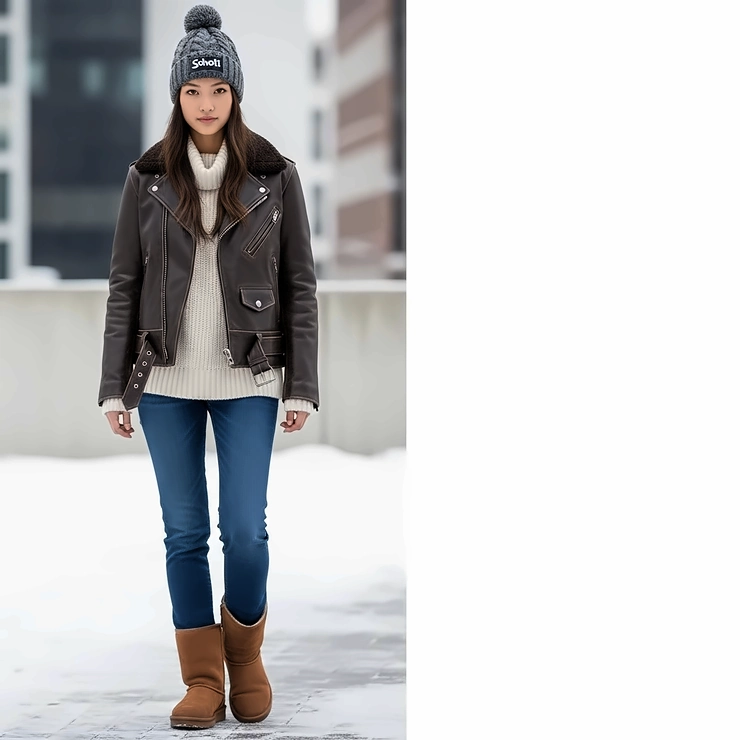 A warm and stylish Schott leather jacket paired with winter apparel, showcasing its suitability for colder weather.